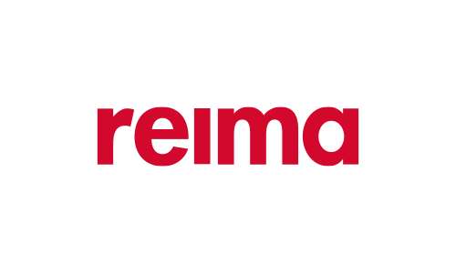 Rød tekst som staver 'reima' på hvit bakgrunn.