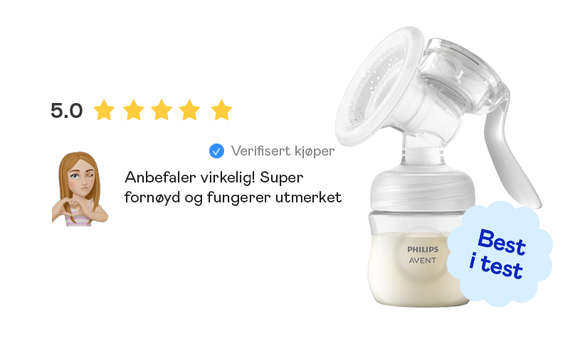 Brystpumpe, fem stjerner og fornøyd kundeanmeldelse.