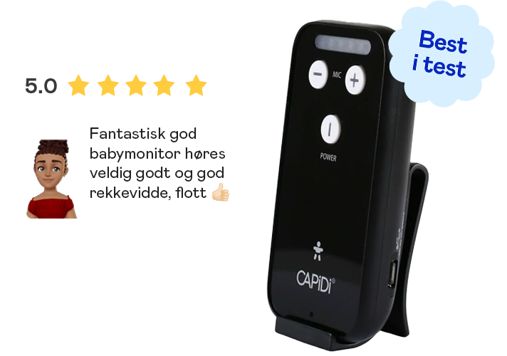 Babymonitor med 5 stjerner og tekst: 'Fantastisk god'.