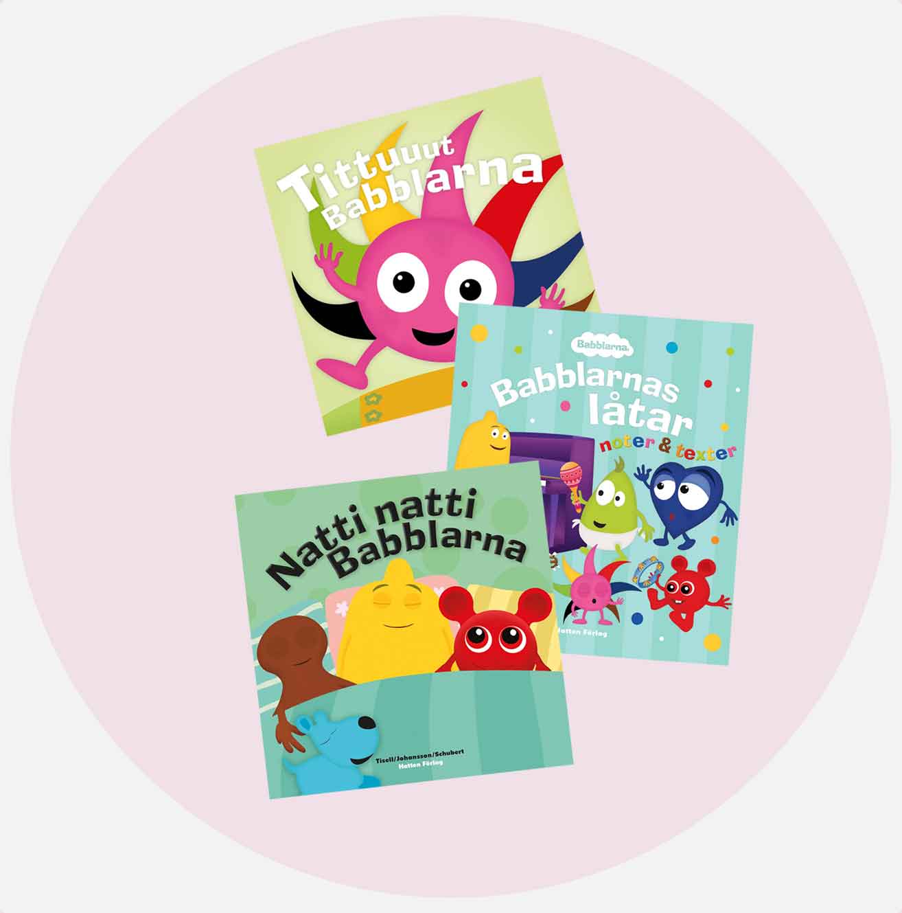 Tre Babblarna-bøker med fargerike omslag, inkludert 'Tittut', 'Babblarnas låtar' og 'Natti natti'.