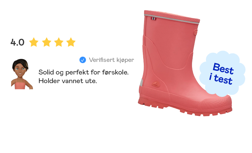Rød støvel med anmeldelse. Vurdert til 4 av 5 stjerner, 'Best i test'.