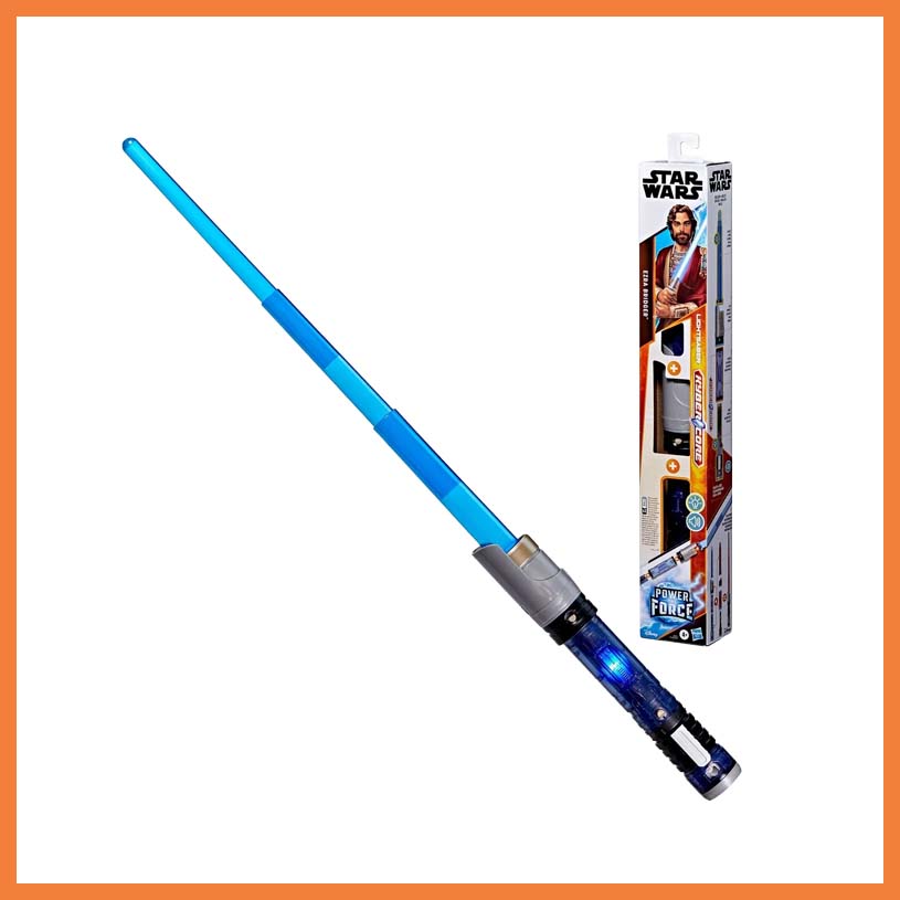 Blå lyssabel med teksten 'STAR WARS' på emballasjen.