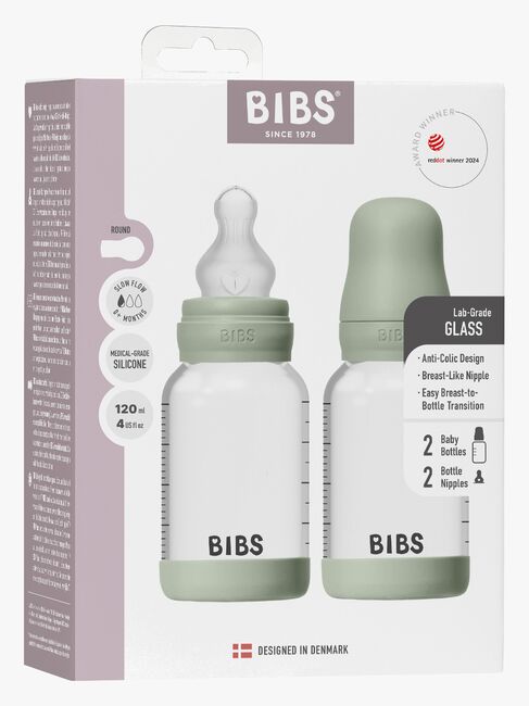 BIBS Slow Flow Glass Tåteflaske Silikon 2-Pakk 120 ml, Sage