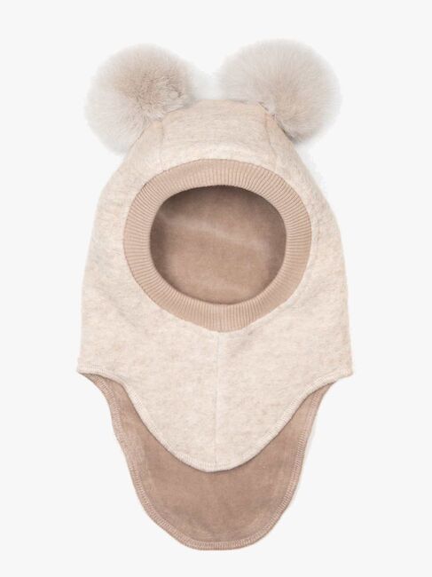 Huttelihut Balaklava Merinoull med Dusker, Sand Melange