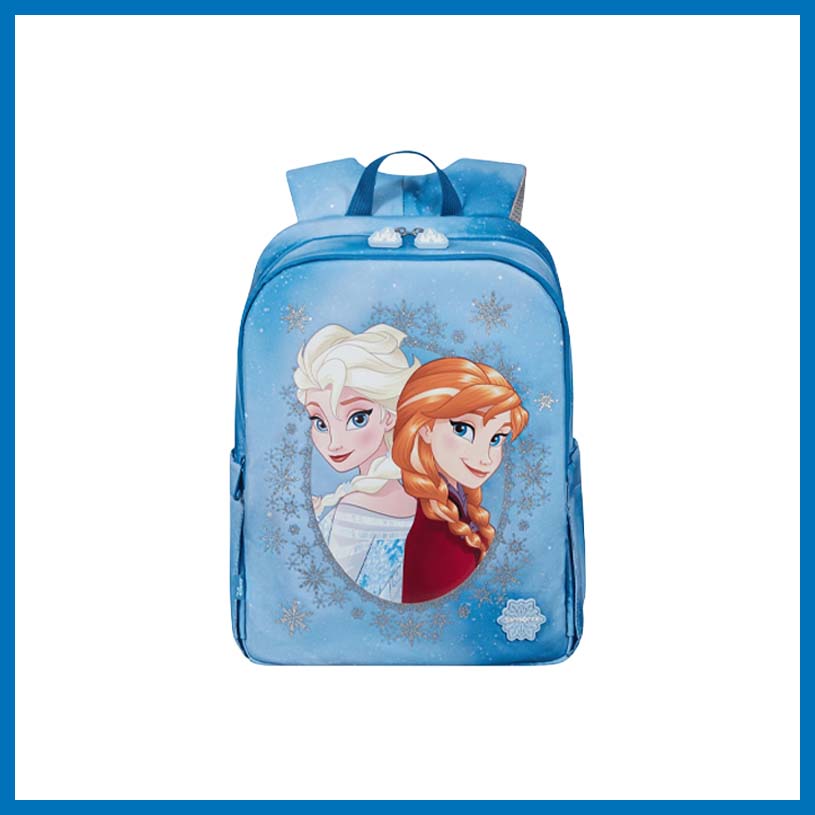 Ryggsekk med Elsa og Anna fra Disney's Frost, med teksten 'Nyheter'.