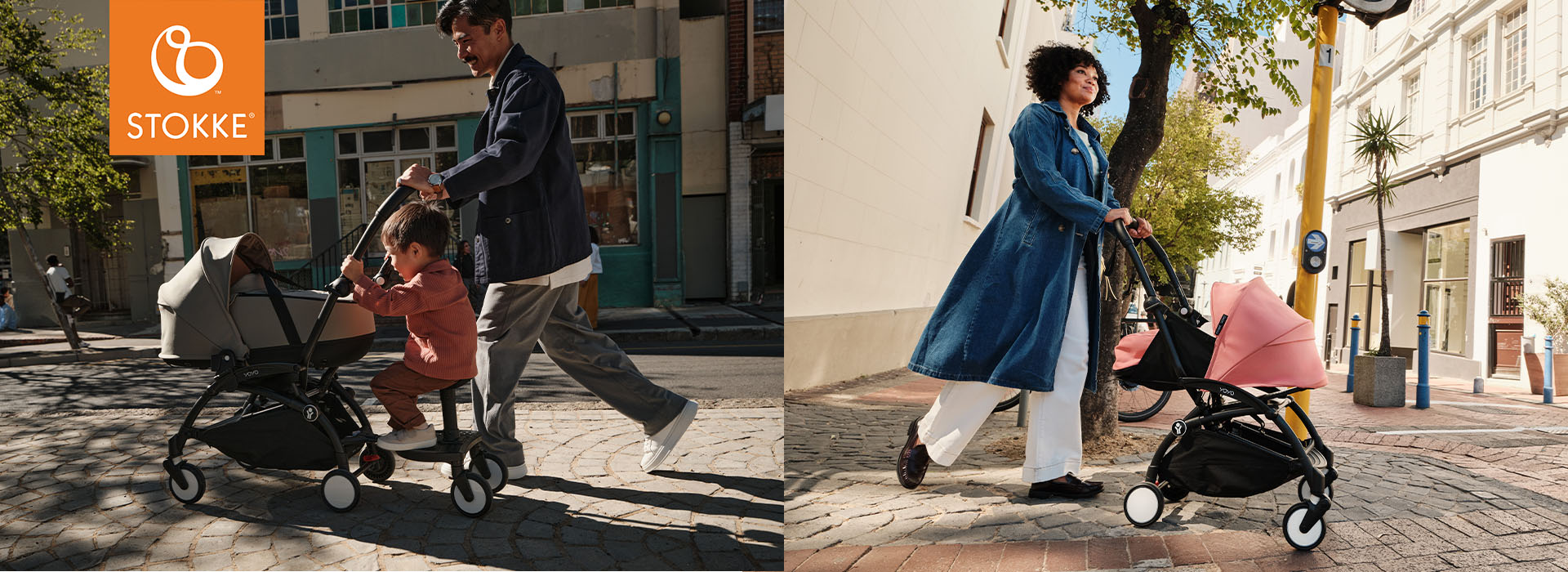 To personer går med barnevogner i bymiljø.