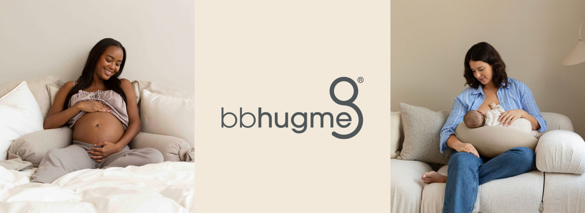 Gravid kvinne i sengen med støttekudde og bbhugme-logoen.