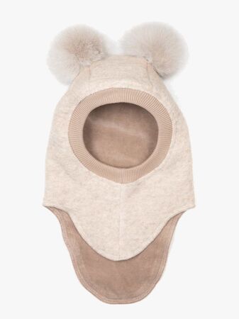 Huttelihut Balaklava Merinoull med Dusker, Sand Melange