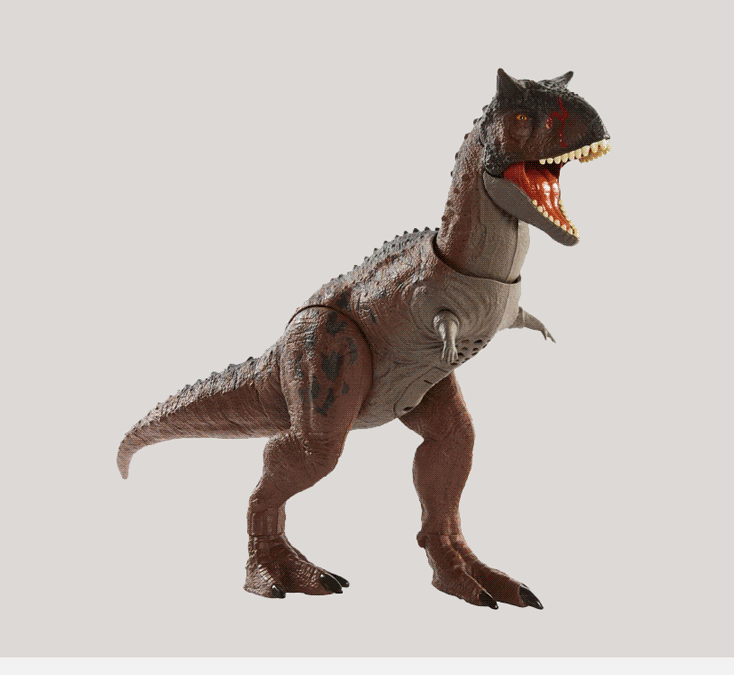 Dinosaurleke med åpen munn og synlige tenner på lys bakgrunn.