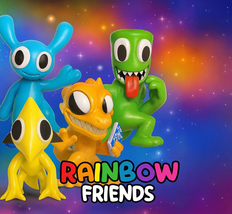 Fargerike figurer fra 'Rainbow Friends' med teksten 'RAINBOW FRIENDS'.