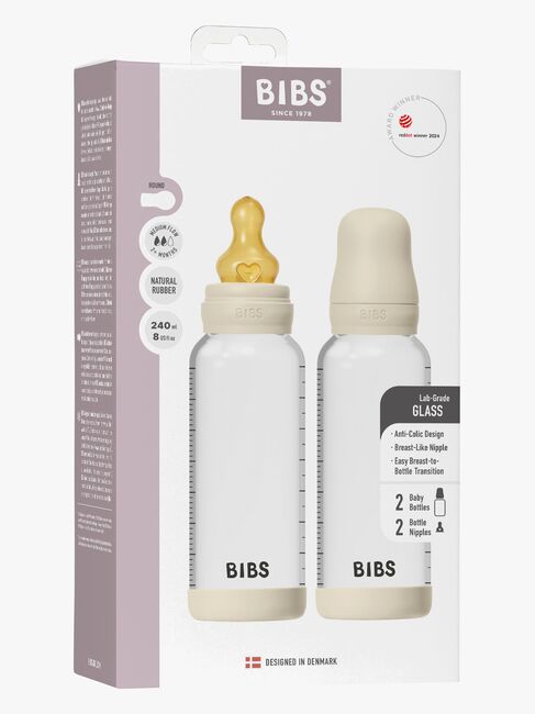 BIBS Medium Flow Glass Tåteflaske Latex 2-Pakk 240 ml, Ivory