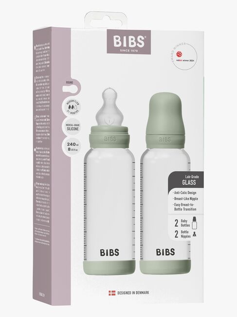 BIBS Medium Flow Glass Tåteflaske Silikon 2-Pakk 240 ml, Sage