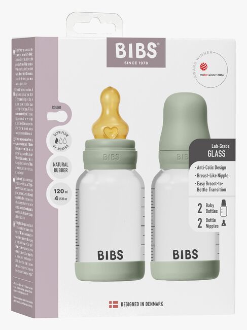 BIBS Slow Flow Glass Tåteflaske Latex 2-Pakk 120 ml, Sage