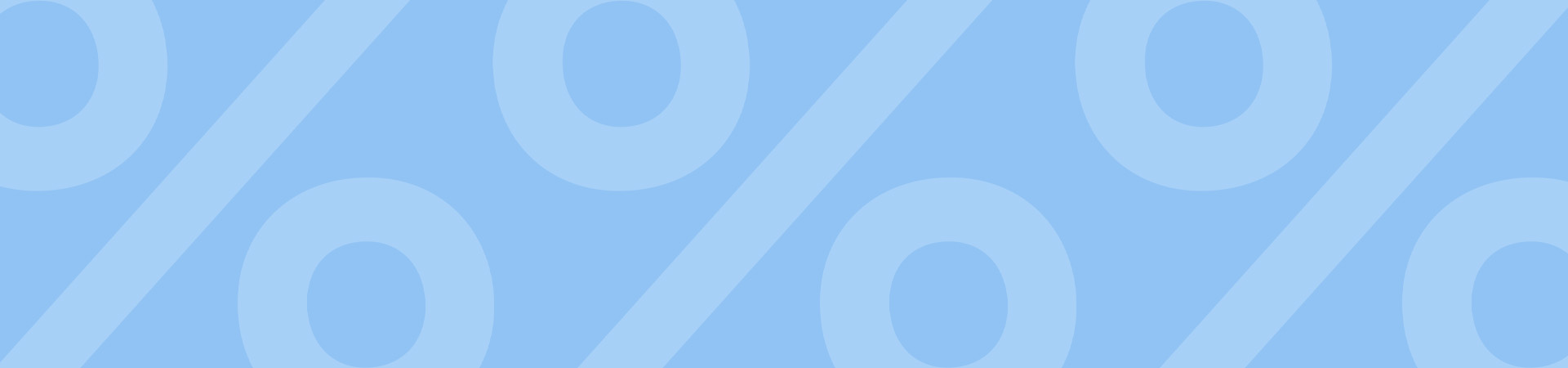 Lys blå bakgrunn med store prosenttegn, myke former og rundt ikon med smilende ansikt