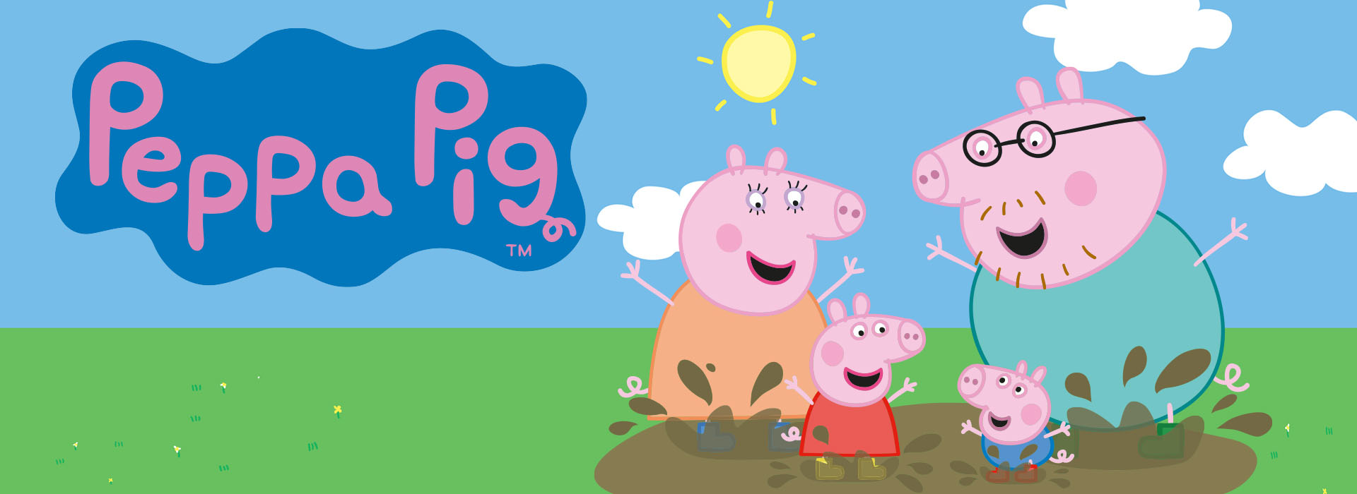 Tegnet grissefamilie hopper i gjørme på en solrik dag.