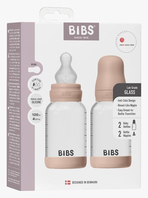 BIBS Slow Flow Glass Tåteflaske Silikon 2-Pakk 120 ml, Blush