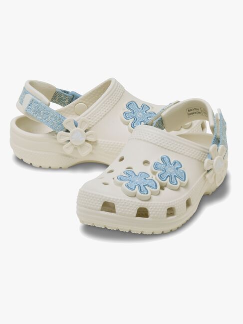 Crocs Classic Denim Flower Kids Tøfler, Summit White
