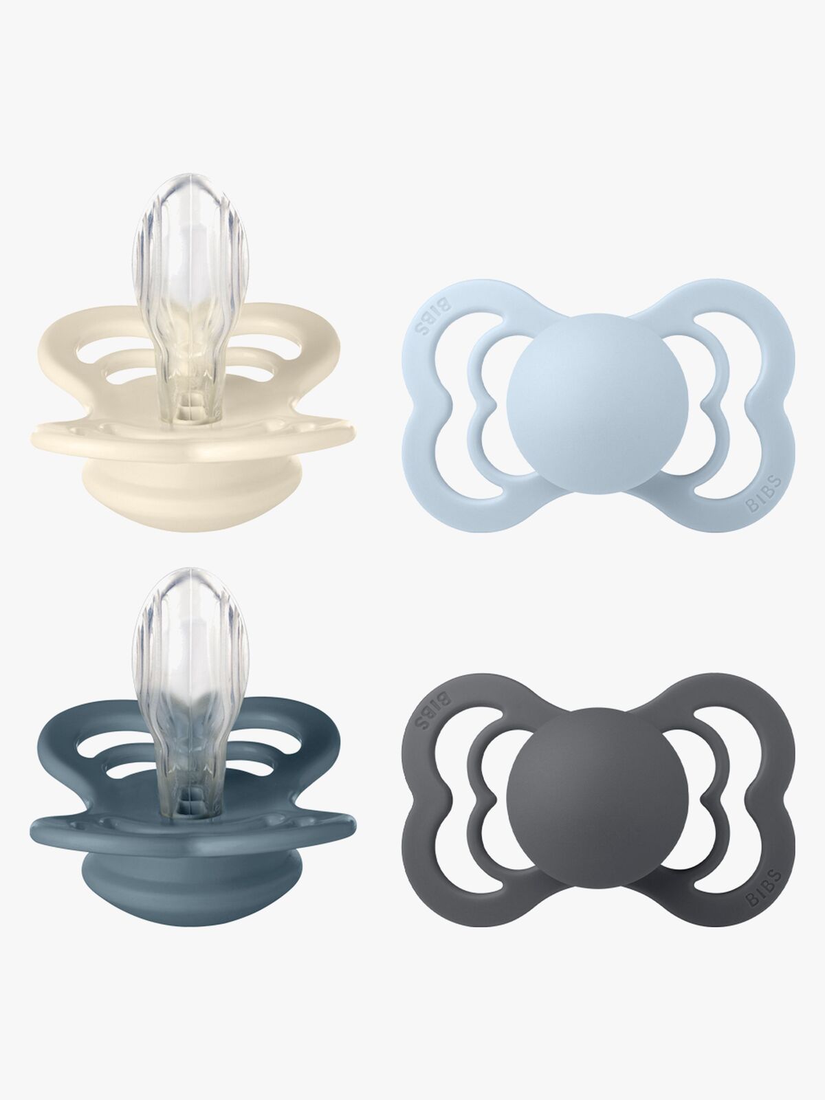 BIBS Supreme Smokk 4-Pakk Silikon Stl 2, Ivory/Baby Blue/Petrol/Iron