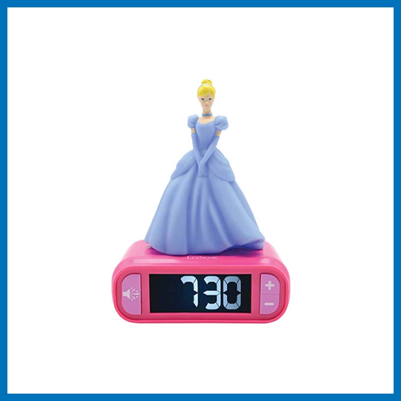 En vekkerklokke med en prinsessefigur og teksten '7:30'.