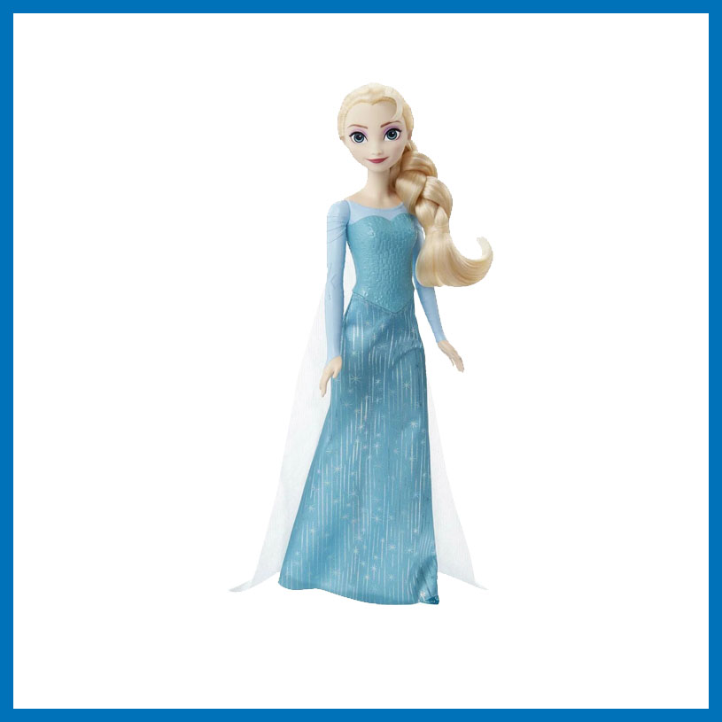 Elsa-dukke i blå kjole med teksten 'Disney Frozen'.