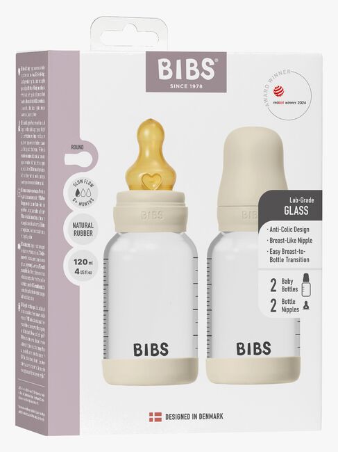 BIBS Slow Flow Glass Tåteflaske Latex 2-Pakk 120 ml, Ivory