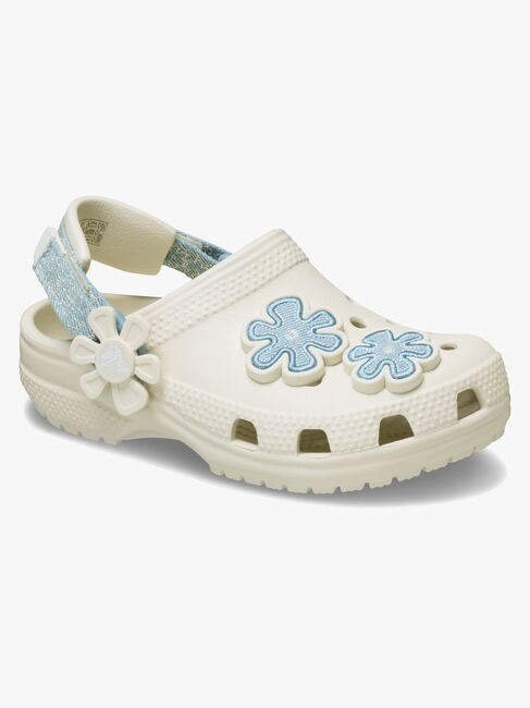 Crocs Classic Denim Flower Kids Tøfler, Summit White
