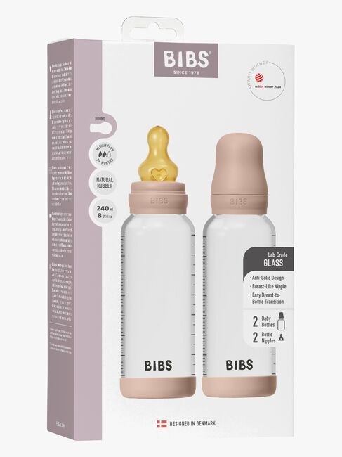 BIBS Medium Flow Glass Tåteflaske Latex 2-Pakk 240 ml, Blush