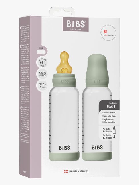 BIBS Medium Flow Glass Tåteflaske Latex 2-Pakk 240 ml, Sage