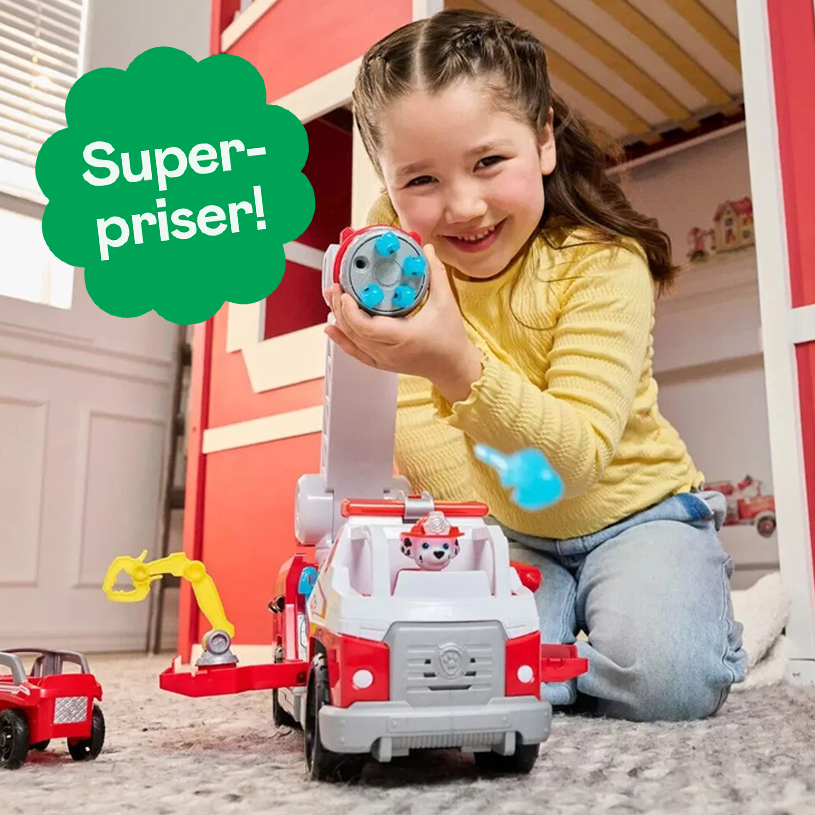 Barn leker med en Paw Patrol brannbil. Grønn snakkeboble med teksten «Superpriser!».