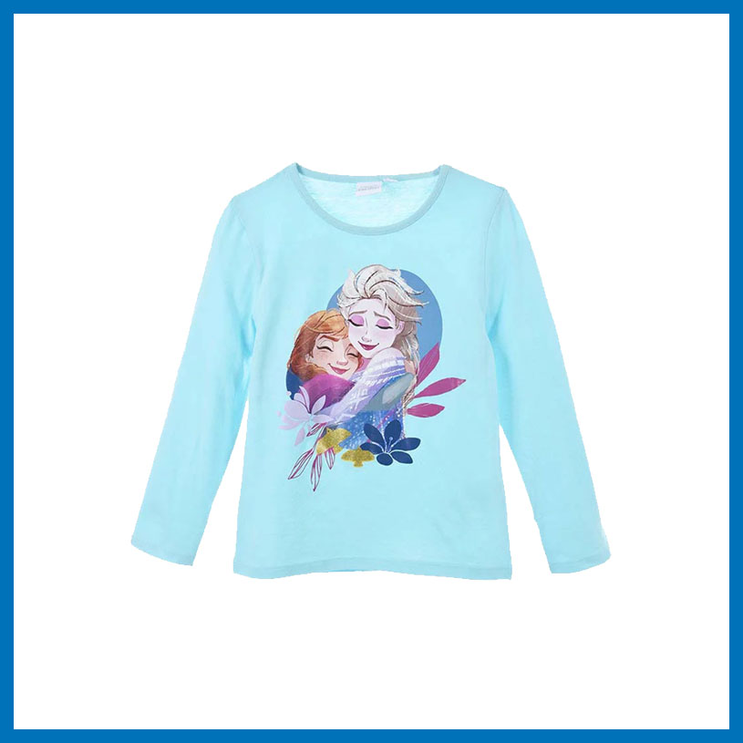 Lys blå genser med Elsa og Anna fra Frozen, med teksten 'Disney Frozen'.