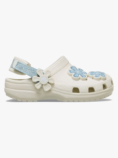 Crocs Classic Denim Flower Kids Tøfler, Summit White