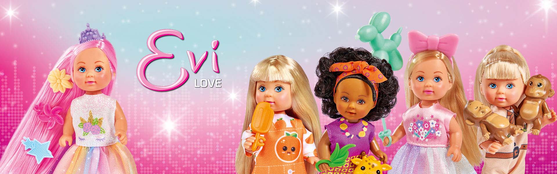 Fem dukker med forskjellige klær og frisyrer mot rosa bakgrunn.