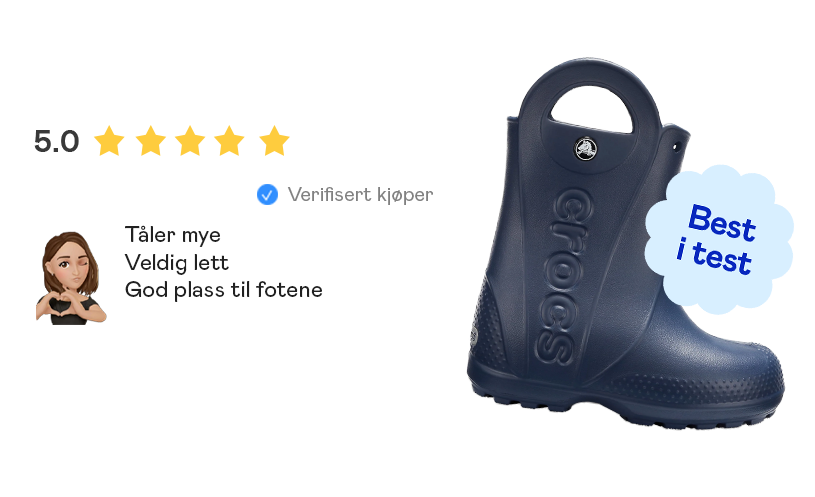 Blå støvel med håndtak og anmeldelse: "Tåler mye, veldig lett, god plass til føttene". Vurdering: 5 stjerner.