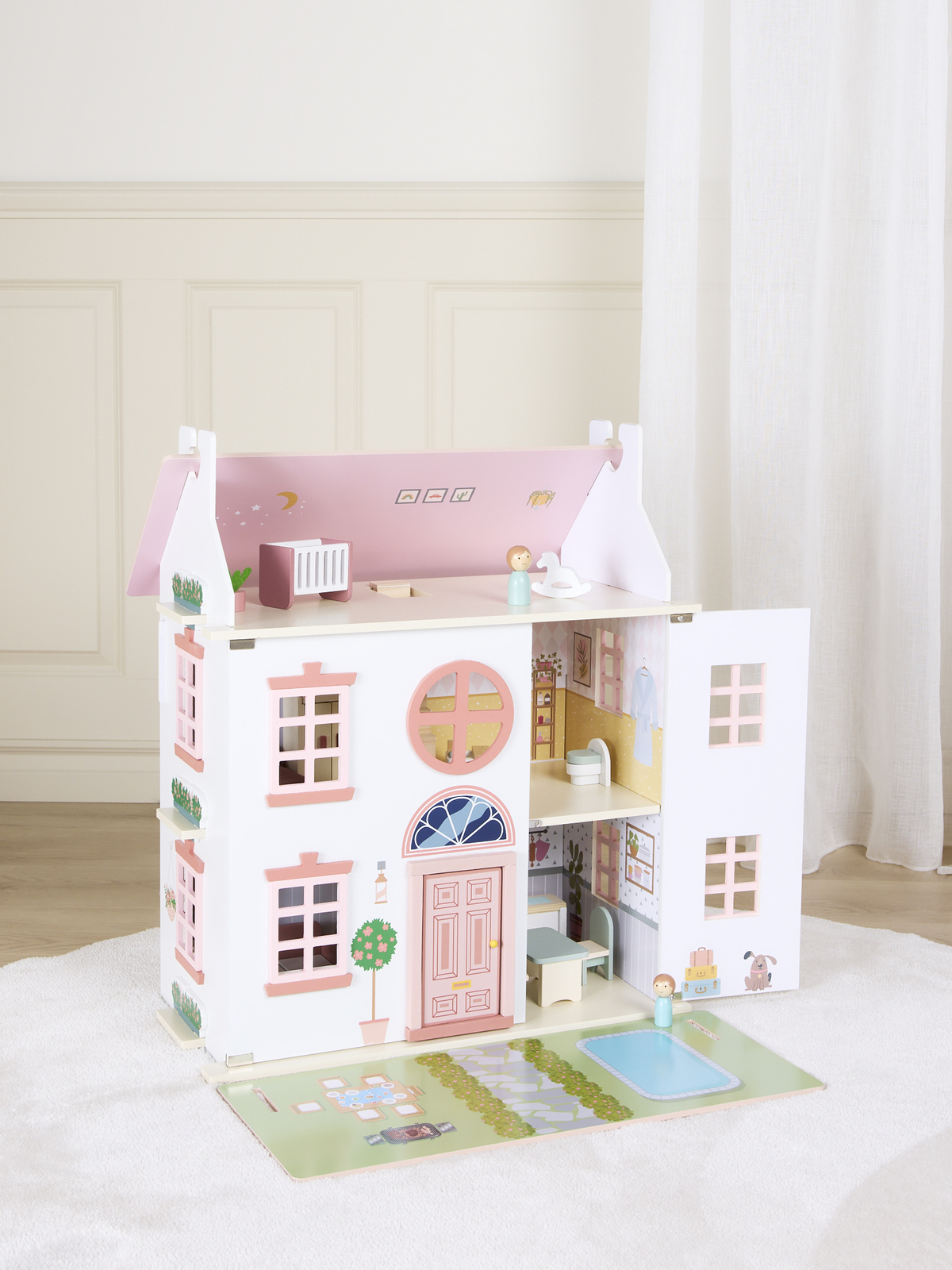 Alice & Fox Dukkehus med Møbel & 4 Dukker, Rosa