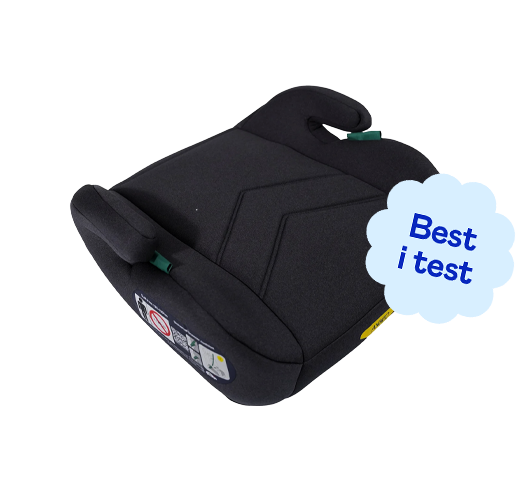 Svart bilpute for barn, merket 'Best i test'.