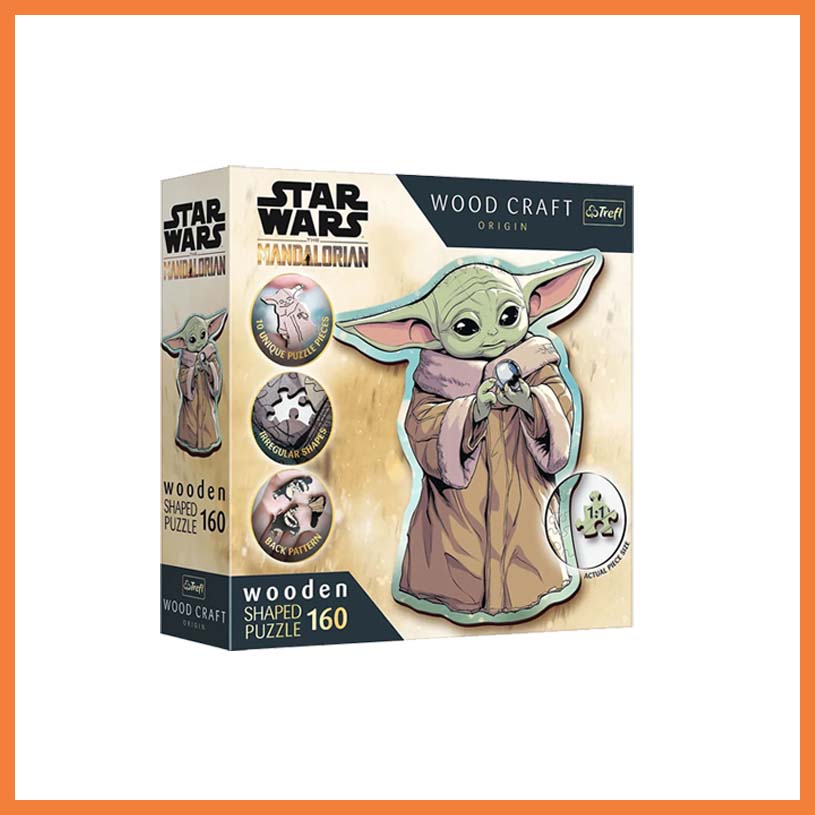 Star Wars Mandalorian puslespill med Baby Yoda, tekst: 'wooden shaped puzzle 160'.