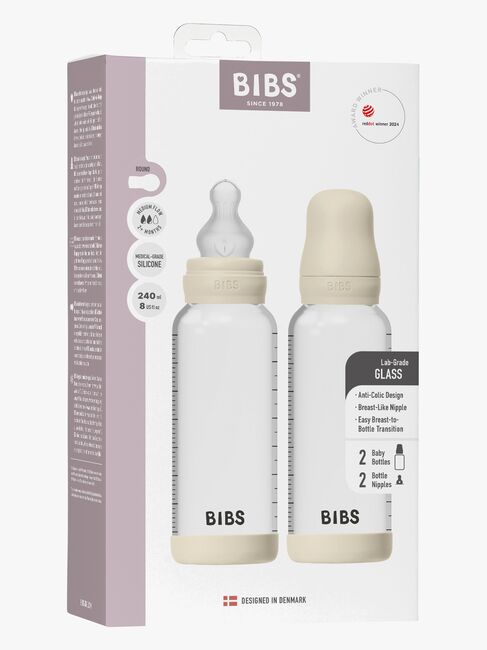 BIBS Medium Flow Glass Tåteflaske Silikon 2-Pakk 240 ml, Ivory