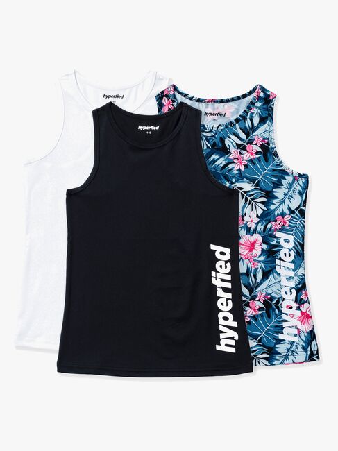 Hyperfied Split Tank Top 3-pack, Black/White/Tropical Flower