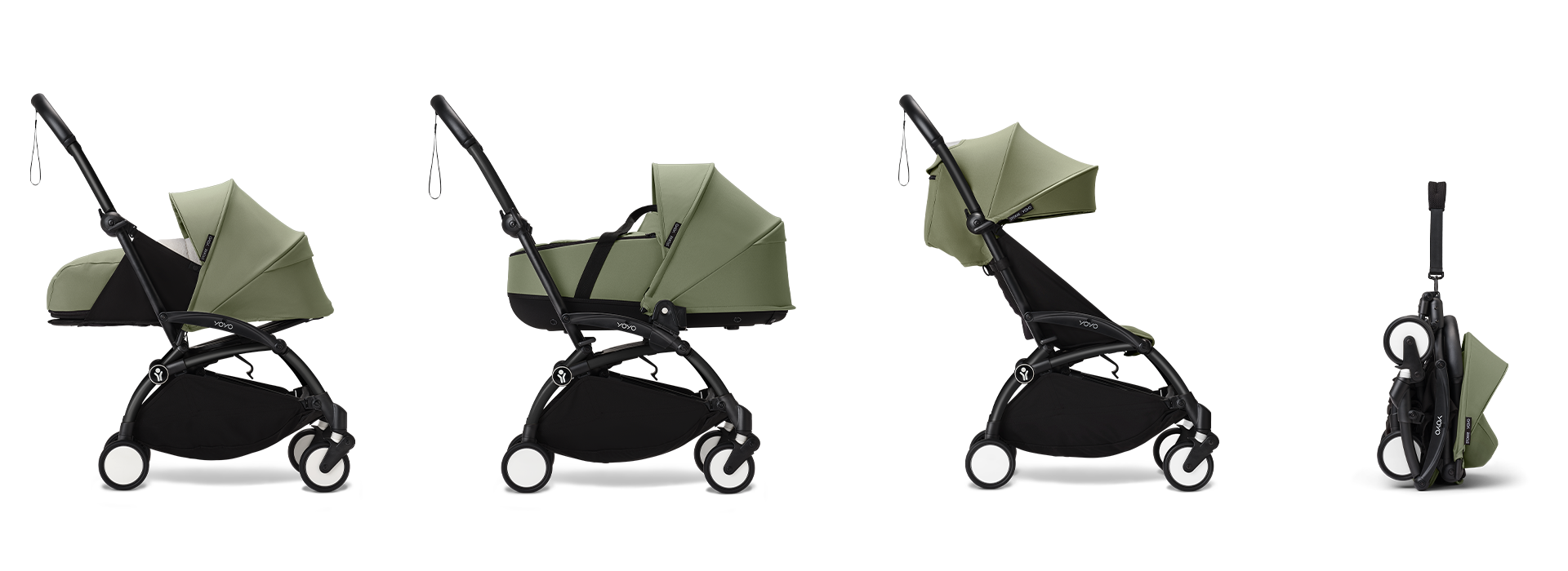 Fire bilder av en grønn barnevogn i ulike posisjoner.