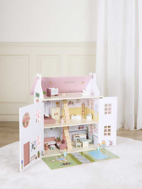 Alice & Fox Dukkehus med Møbel & 4 Dukker, Rosa