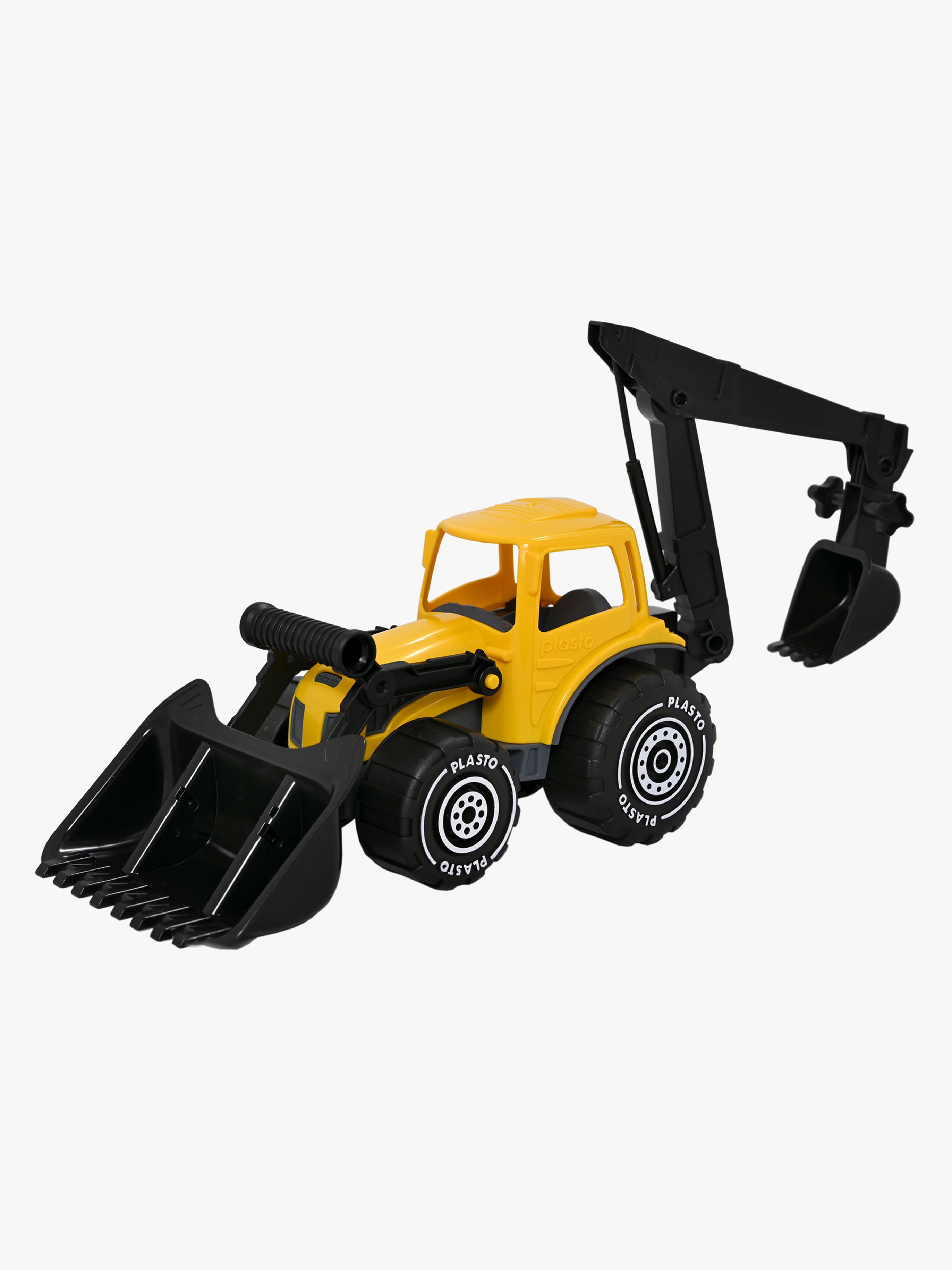 Plasto Traktor Med Frontlaster Og Graveskuffe, Gul/Svart - Lastebiler & Gravemaskiner