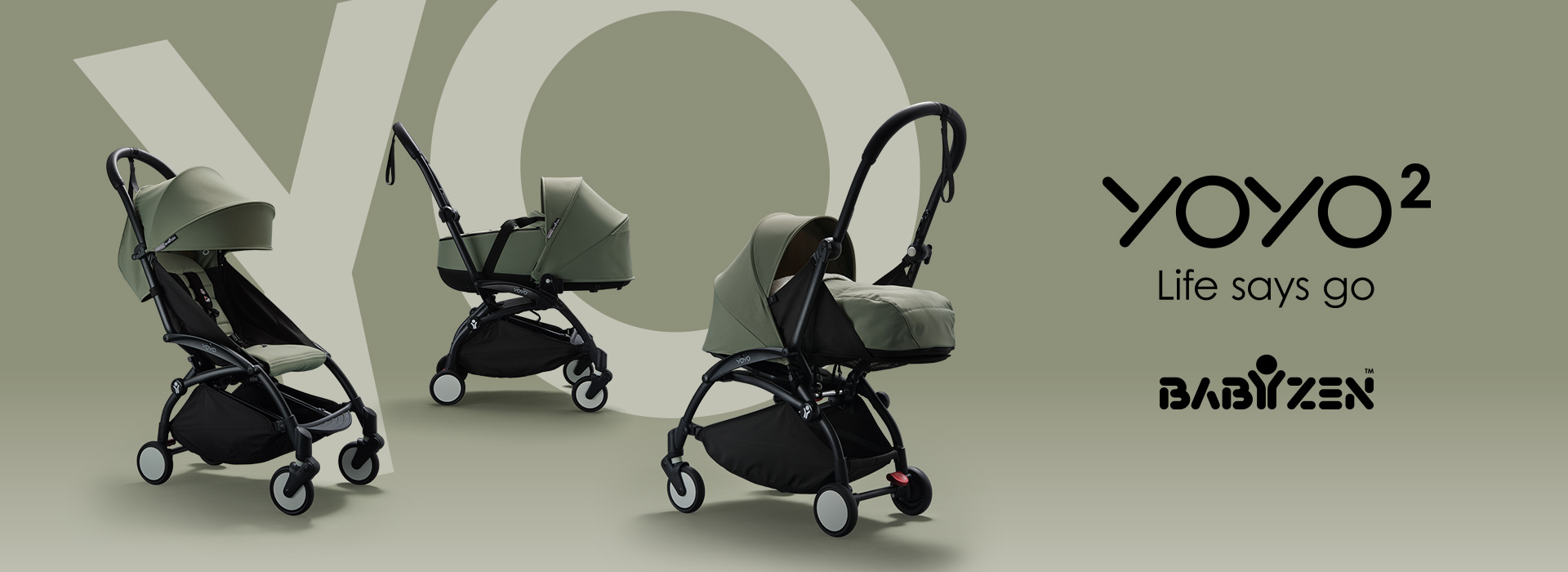 Tre grønne barnevogner fra Babyzen YOYO2 mot beige bakgrunn.