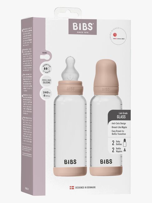 BIBS Medium Flow Glass Tåteflaske Silikon 2-Pakk 240 ml, Blush