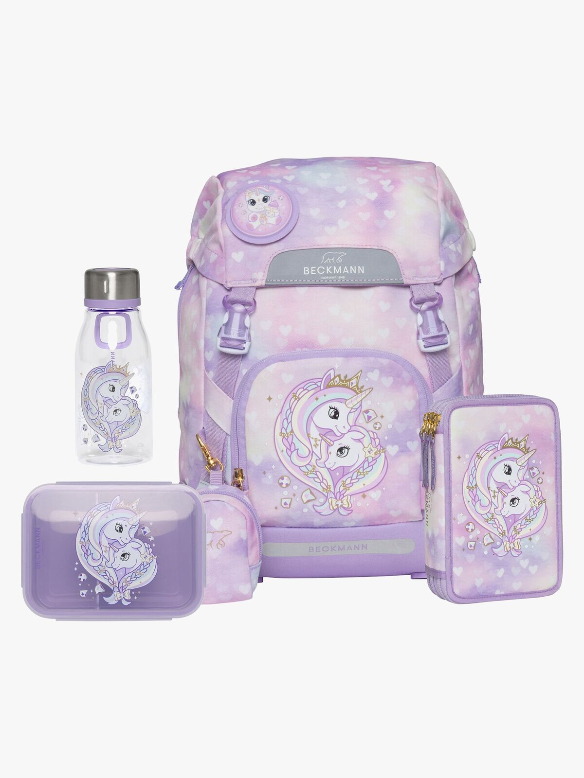Beckmann Ryggsekk 22L inkl. Pennal, Flaske & Matboks, Unicorn Princess Purple