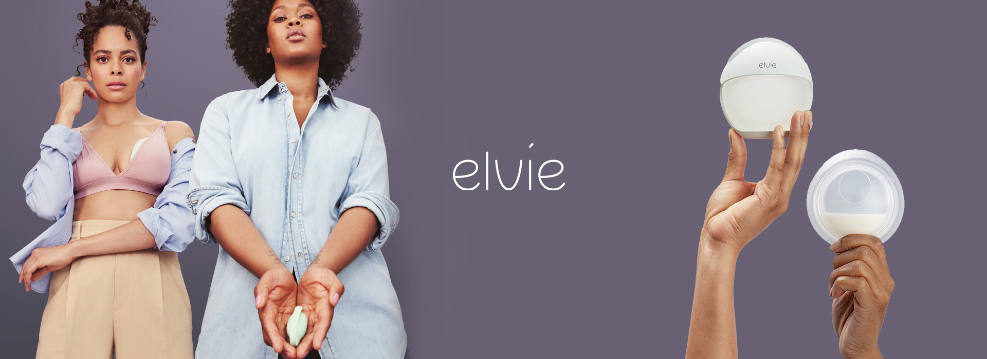 To kvinner, en holder Elvie-produkt, en annen en brystpumpe. Teksten 'Elvie' i midten.