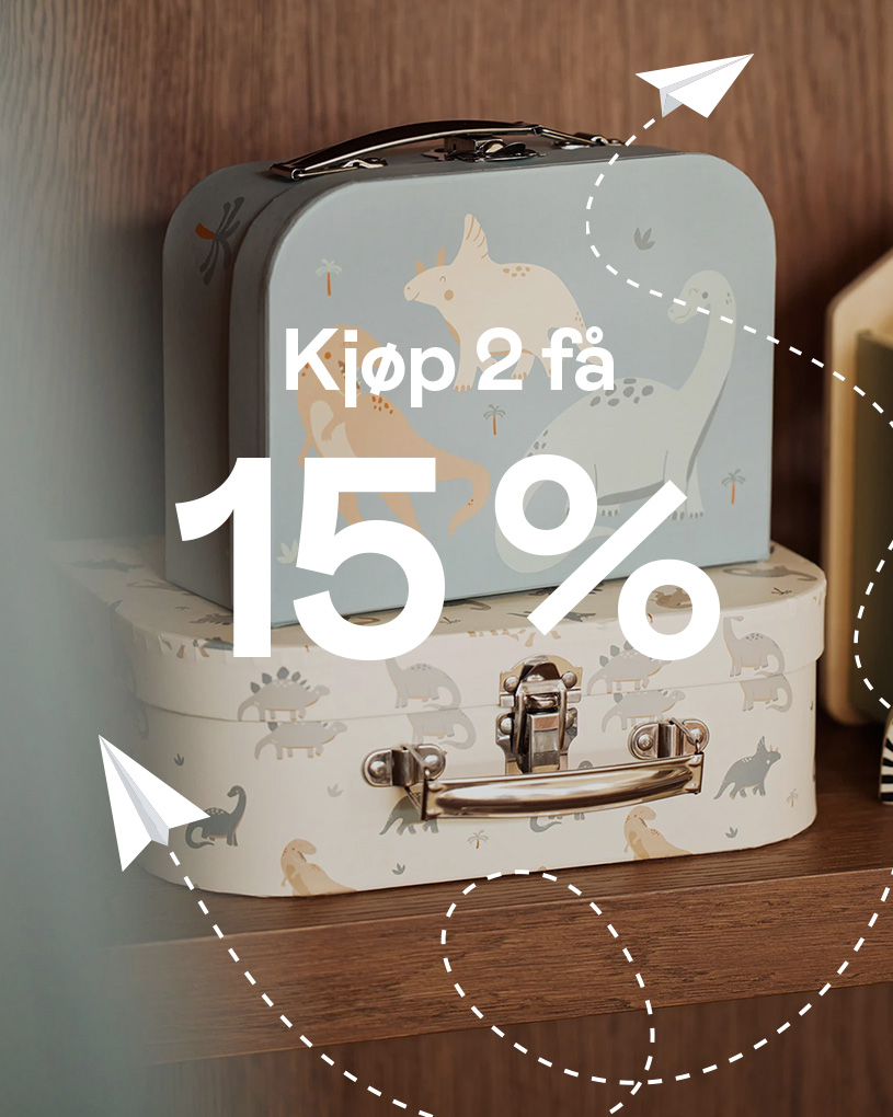 To kofferter med dyremotiv, med teksten 'Kjøp 2 få 15 %'.