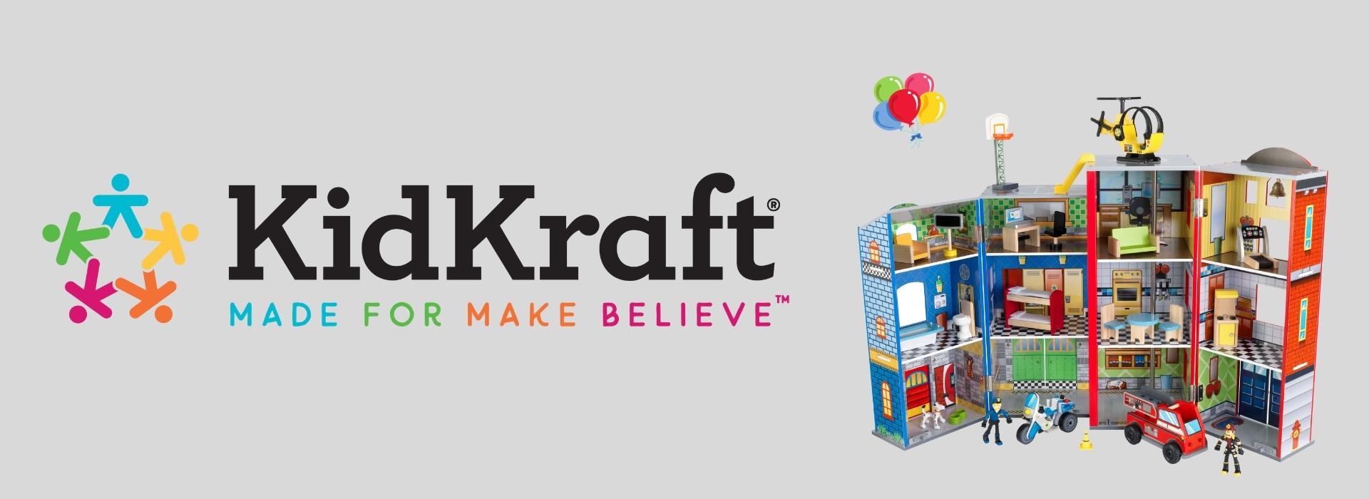 KidKraft-logo og lekehus med flere etasjer og figurer.