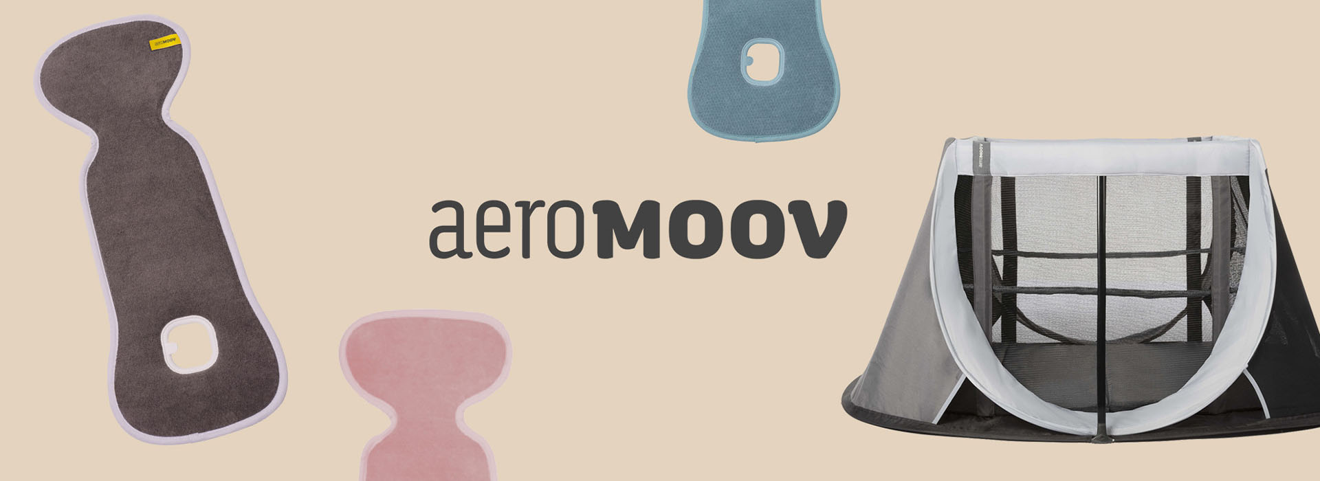 AeroMoov-logo og sitteputer med reiseseng i bakgrunnen.