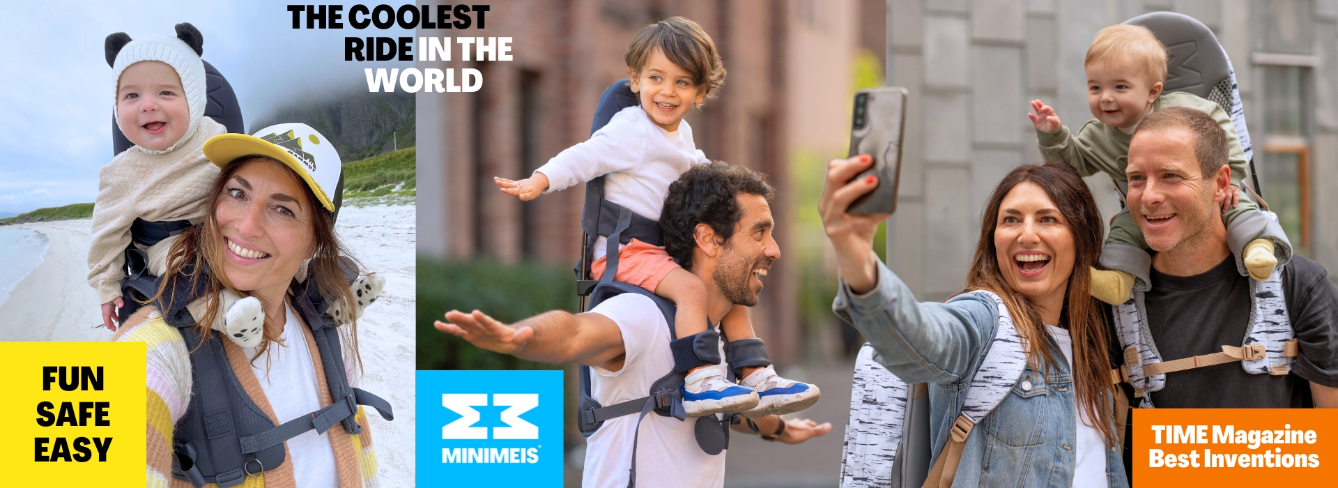 Foreldre bærer glade barn i bærestoler under ulike utendørsaktiviteter.