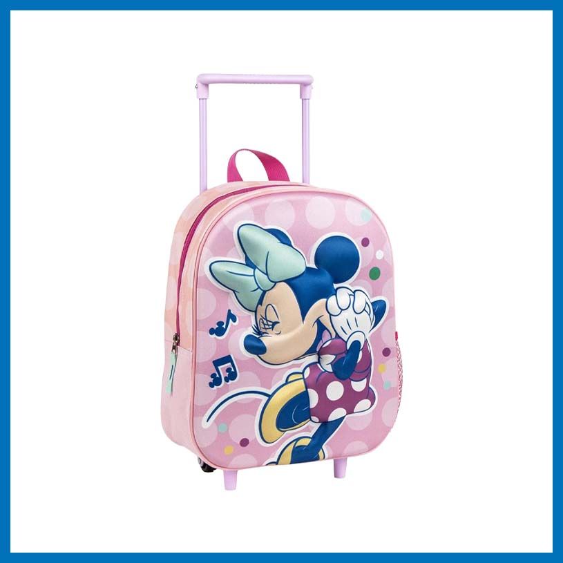 Rosa koffert med Mimmi Mus som hever hånden og synger, med noter.